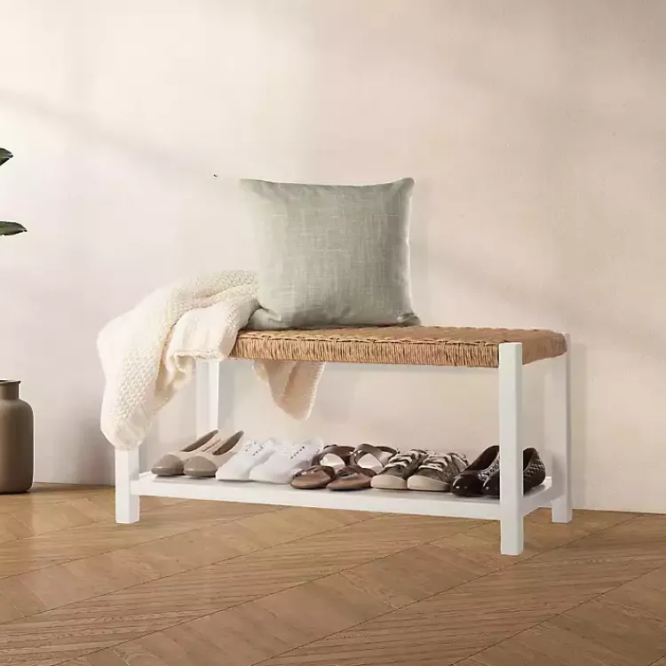 Kirklands Home Benches & Ottomans|White Newport Wood and Rattan Bench with Shelf Brown