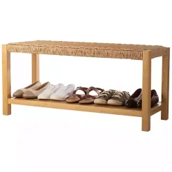 Kirklands Home Benches & Ottomans|White Newport Wood and Rattan Bench with Shelf Brown