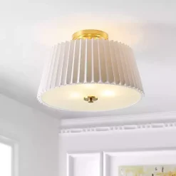 Kirklands Home Flush Mount Lighting|White Pleated Shade Flush Mount Light