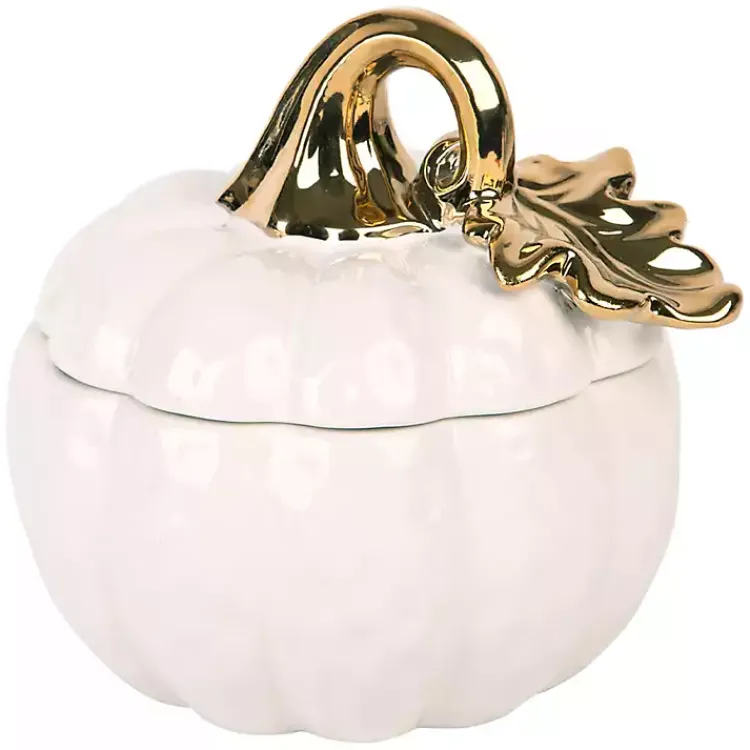 New White Pumpkin Bowl with Gold Leaf Lid, 8 in. Fall