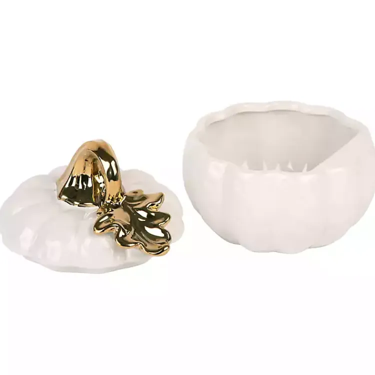 New White Pumpkin Bowl with Gold Leaf Lid, 8 in. Fall