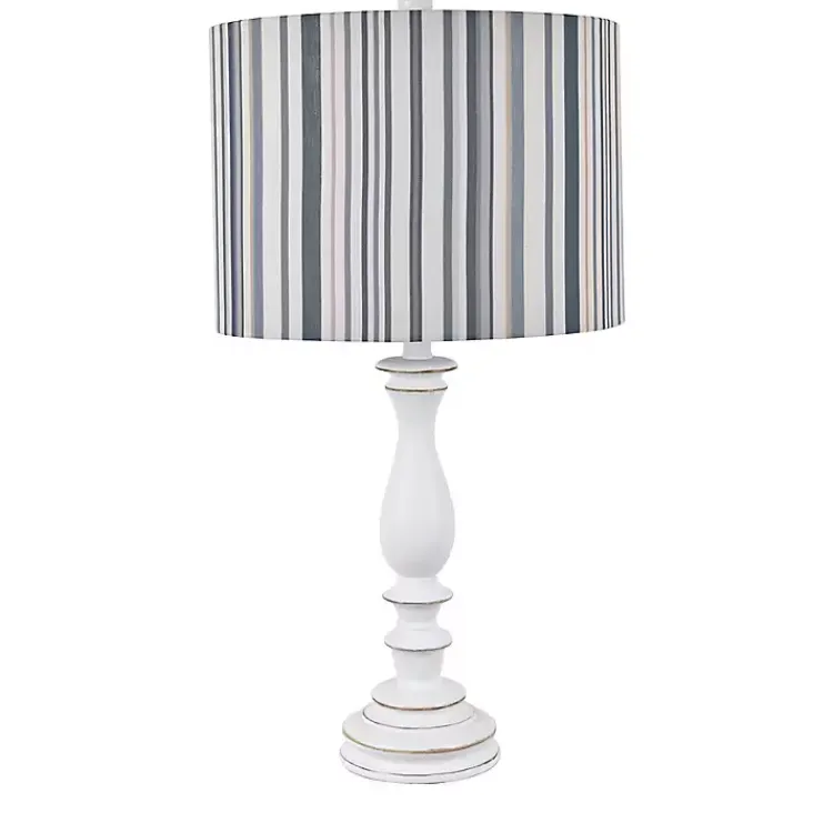 Kirklands Home Table Lamps|White Resin Table Lamp with Blue Stripe Shade