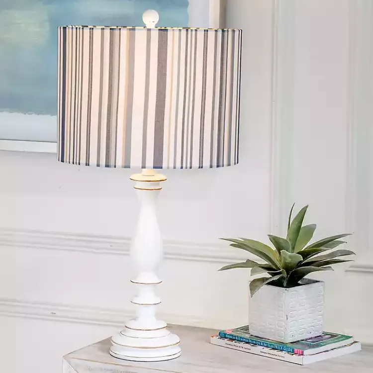 Kirklands Home Table Lamps|White Resin Table Lamp with Blue Stripe Shade