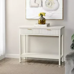 Kirklands Home Console Tables|Ribbed Wood 2-Drawer Colleen Console Table White