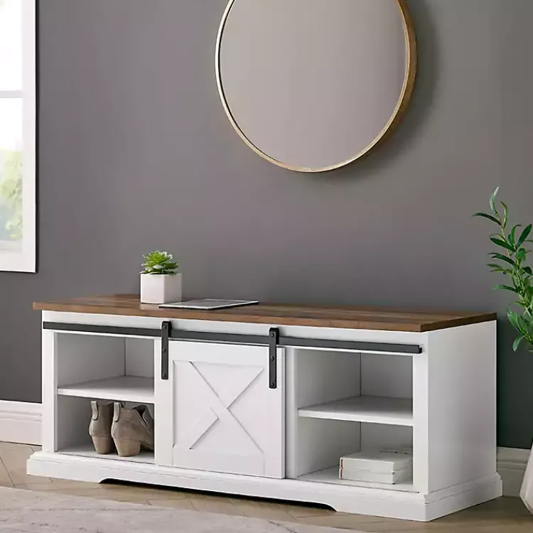 Kirklands Home Entryway Furniture|Sliding Barn Door Bench White