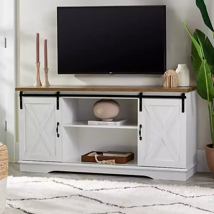 Kirklands Home Tv Stands & Media Consoles|Sliding Door Rustic Oak Top TV Stand White