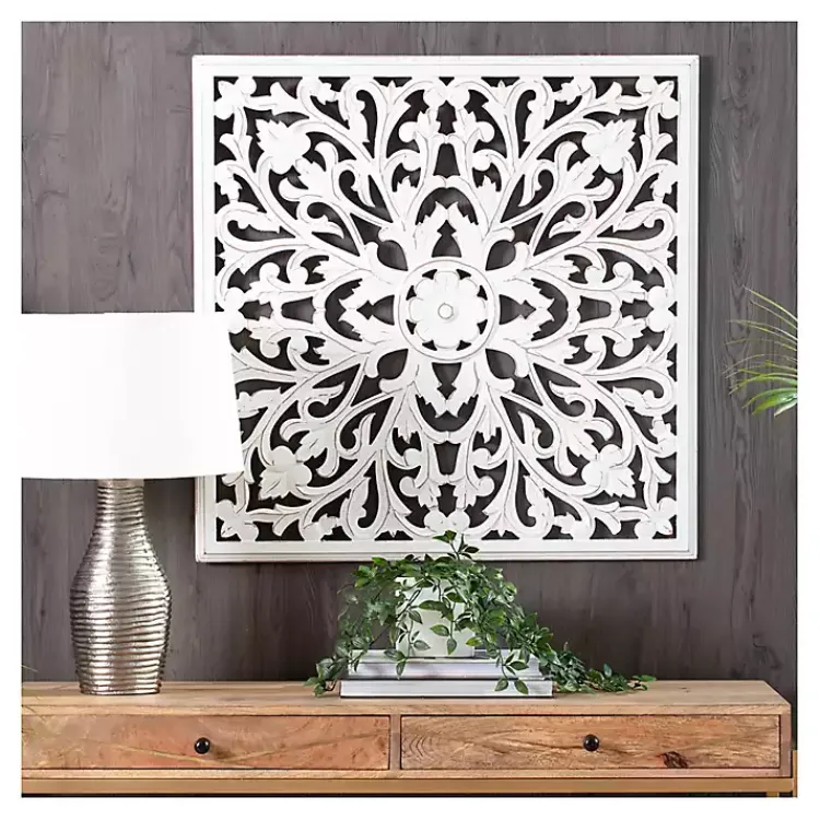 Kirklands Home Wall Plaques|Sqaure Medallion Wood Plaque White