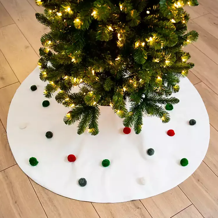 Sale White Tree Skirt with Holiday Pom Poms Christmas Tree Skirts & Collars