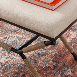 Kirklands Home Dining Chairs|White Upholstered and Wrapped Rope Metal Bench