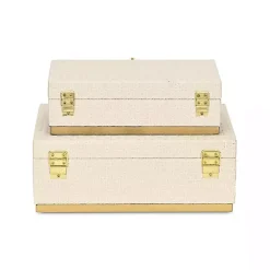 New White Vinyl Rattan Rectangular Boxes, Set of 2 Baskets & Boxes
