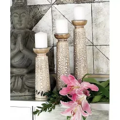 Online White Washed Floral Wood Candle Holders, Set of 3 Candle Holders