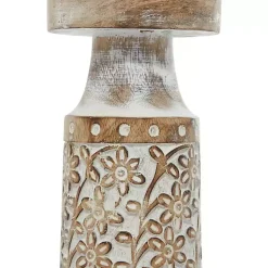 Online White Washed Floral Wood Candle Holders, Set of 3 Candle Holders