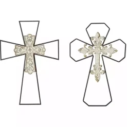 Kirklands Home Wall Plaques|White Wood and Metal Cross Wall Plaques, Set of 2