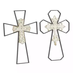 Kirklands Home Wall Plaques|White Wood and Metal Cross Wall Plaques, Set of 2