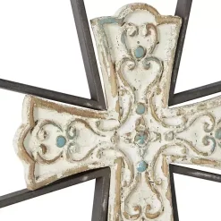 Kirklands Home Wall Plaques|White Wood and Metal Cross Wall Plaques, Set of 2