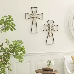 Kirklands Home Wall Plaques|White Wood and Metal Cross Wall Plaques, Set of 2