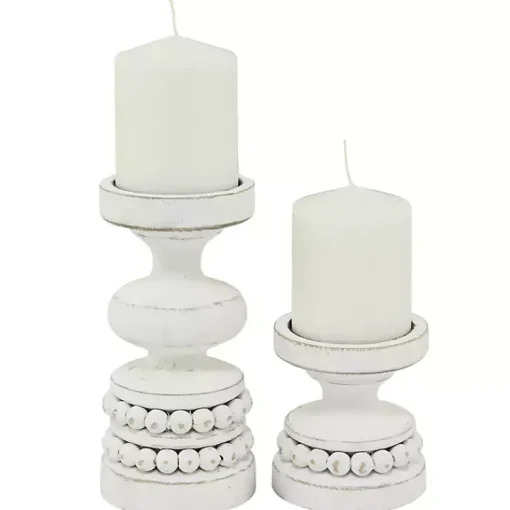 Outlet Wood Beaded Pillar Candle Holders, Set of 2 Candle Holders