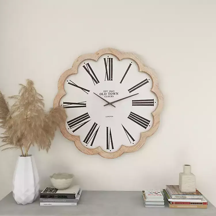 Kirklands Home Clocks|White Wood Scalloped Frame Wall Clock