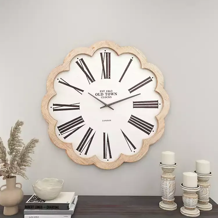 Kirklands Home Clocks|White Wood Scalloped Frame Wall Clock