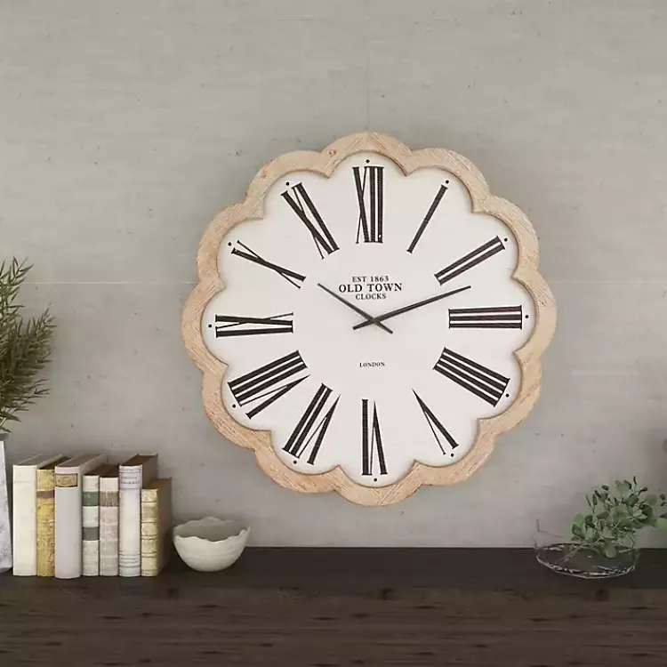 Kirklands Home Clocks|White Wood Scalloped Frame Wall Clock