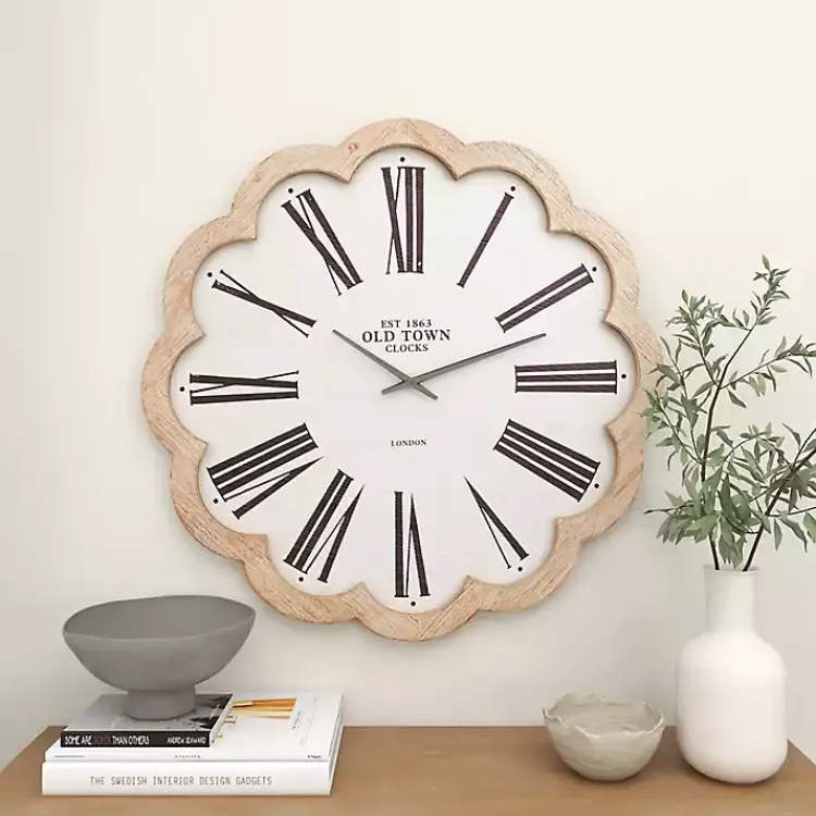 Kirklands Home Clocks|White Wood Scalloped Frame Wall Clock