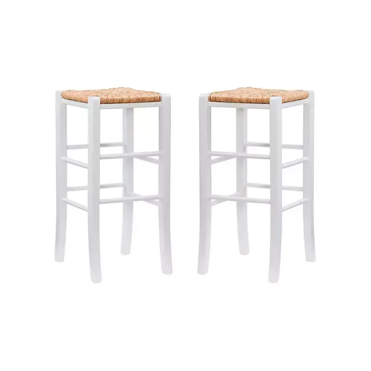 Kirklands Home Bar Stools & Counter Height Stools|White Wood Seagrass Backless 2-pc. Bar Stool Set Tan