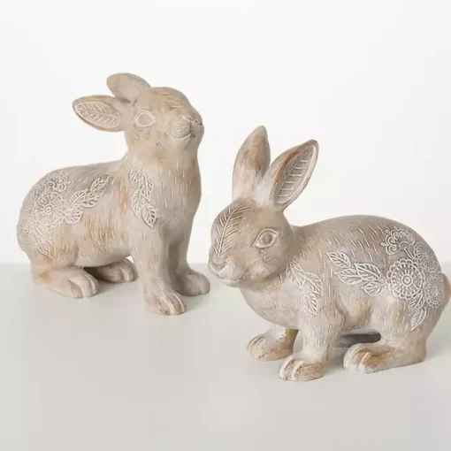 Best Whitewash Floral Boho Bunny Figurines, Set of 2 Easter Decorations