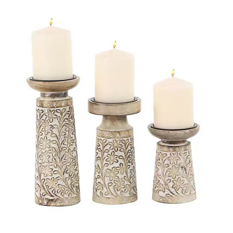 Outlet Whitewash Floral Mango Candlesticks, Set of 3 Candle Holders