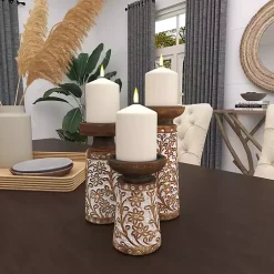 Outlet Whitewash Floral Mango Candlesticks, Set of 3 Candle Holders