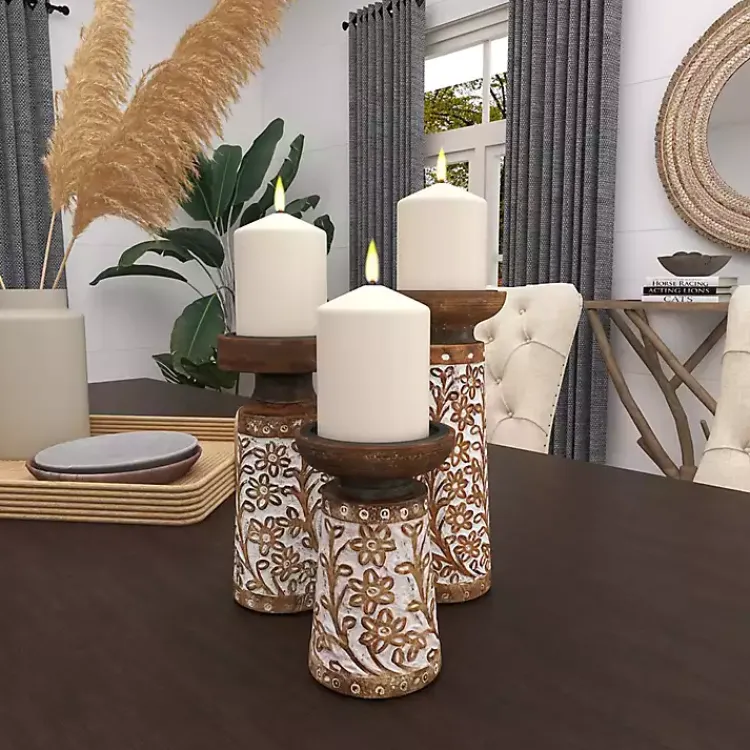 Outlet Whitewash Floral Mango Candlesticks, Set of 3 Candle Holders