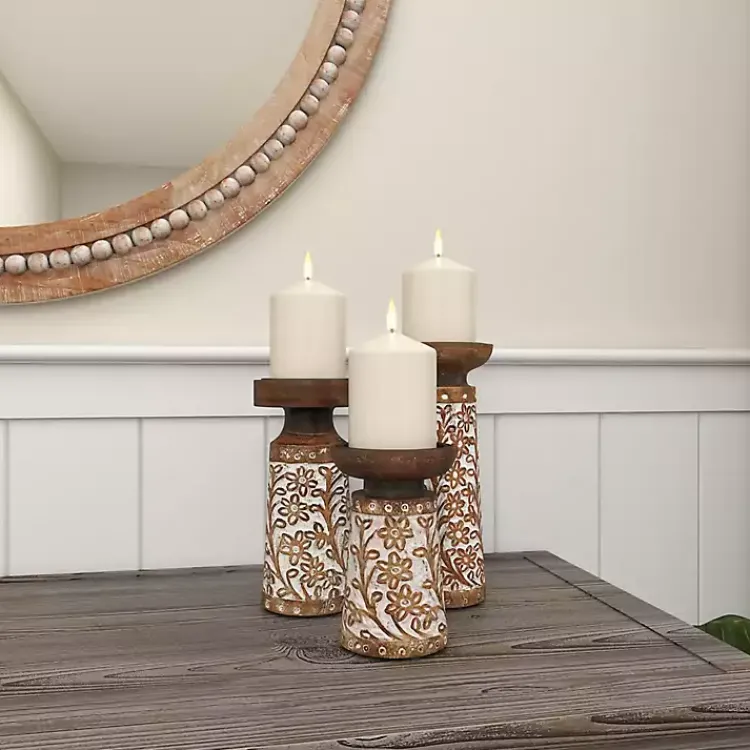Outlet Whitewash Floral Mango Candlesticks, Set of 3 Candle Holders