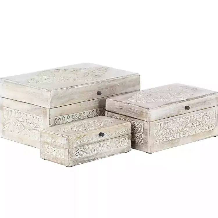 Clearance washed Floral Carved Wood Boxes, Set of 3 Baskets & Boxes