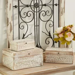 Clearance washed Floral Carved Wood Boxes, Set of 3 Baskets & Boxes