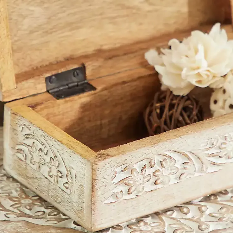 Clearance washed Floral Carved Wood Boxes, Set of 3 Baskets & Boxes