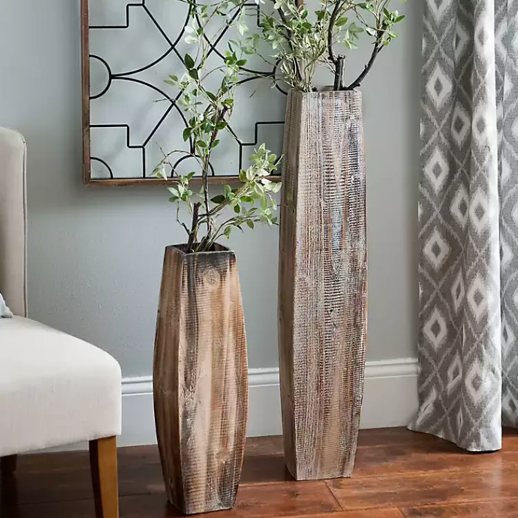 Sale Whitewashed Oblong Wooden Vases, Set of 2 Vases