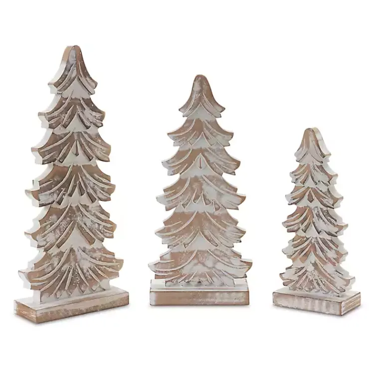 Clearance Whitewashed Wood Carved Pine Trees, Set of 3 Christmas Decorations