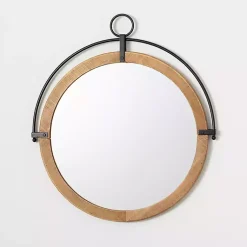 Kirklands Home Decorative Mirrors|Wood and Black Metal Modern Round Wall Mirror