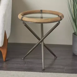 Kirklands Home Accent & End Tables|Wood and Glass Round Tripod Accent Table Brown