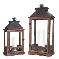 Hot Wood and Metal Embossed Lanterns, Set of 2 Lanterns