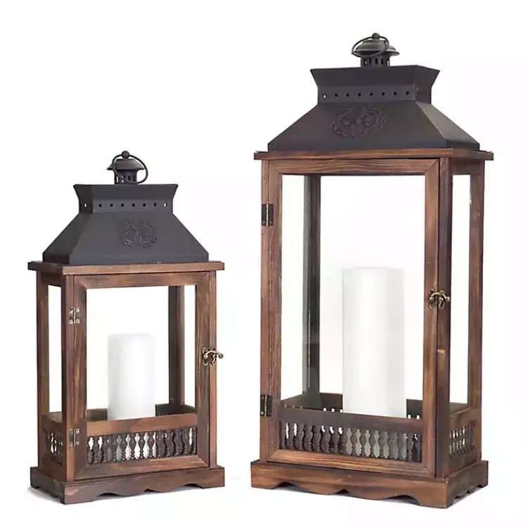 Hot Wood and Metal Embossed Lanterns, Set of 2 Lanterns