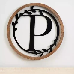Kirklands Home Monogram Wall Decor|Wood and Metal Laurel Monogram P Plaque