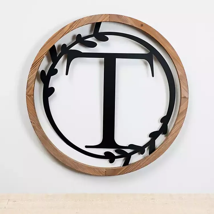 Kirklands Home Monogram Wall Decor|Wood and Metal Laurel Monogram T Plaque