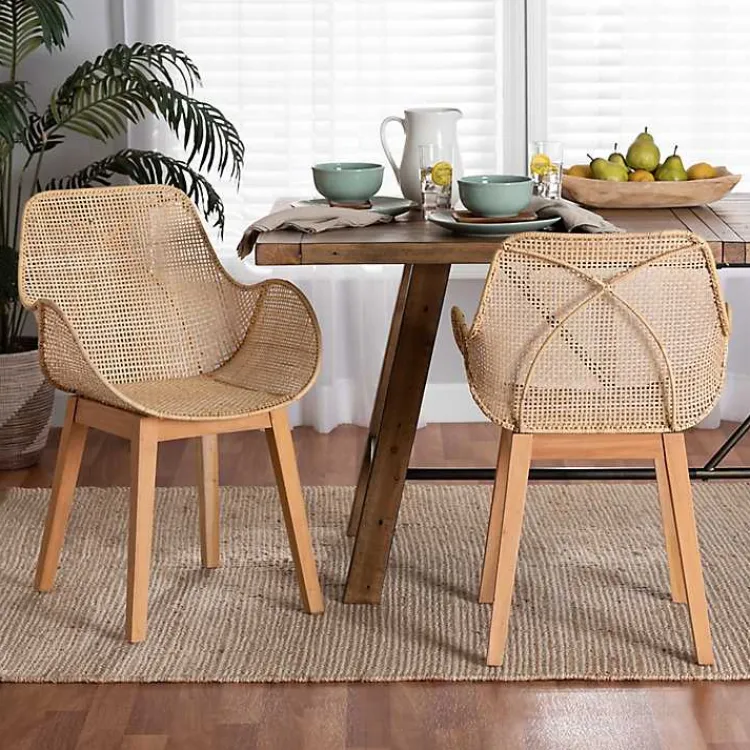 Kirklands Home Dining Chairs|Wood and Rat Flared Dining Chairs, Set of 2 Tan