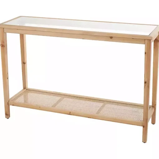 Kirklands Home Entryway Furniture|Wood Glass Top Console Table with Rattan Shelf Brown