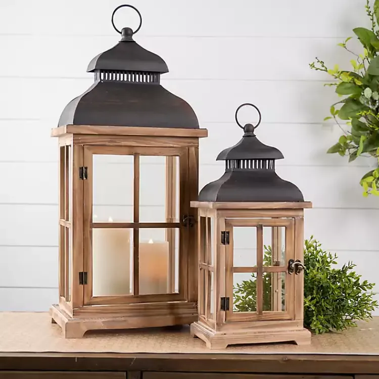 Hot Wood Windowpane Slope Top Lanterns, Set of 2 Lanterns