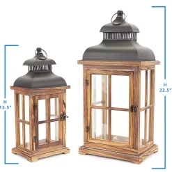 Hot Wood Windowpane Slope Top Lanterns, Set of 2 Lanterns