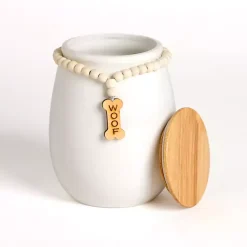 Kirklands Home Pet Dishes & Canisters|Woof Ceramic Dog Treat Canister with Beaded Accent White