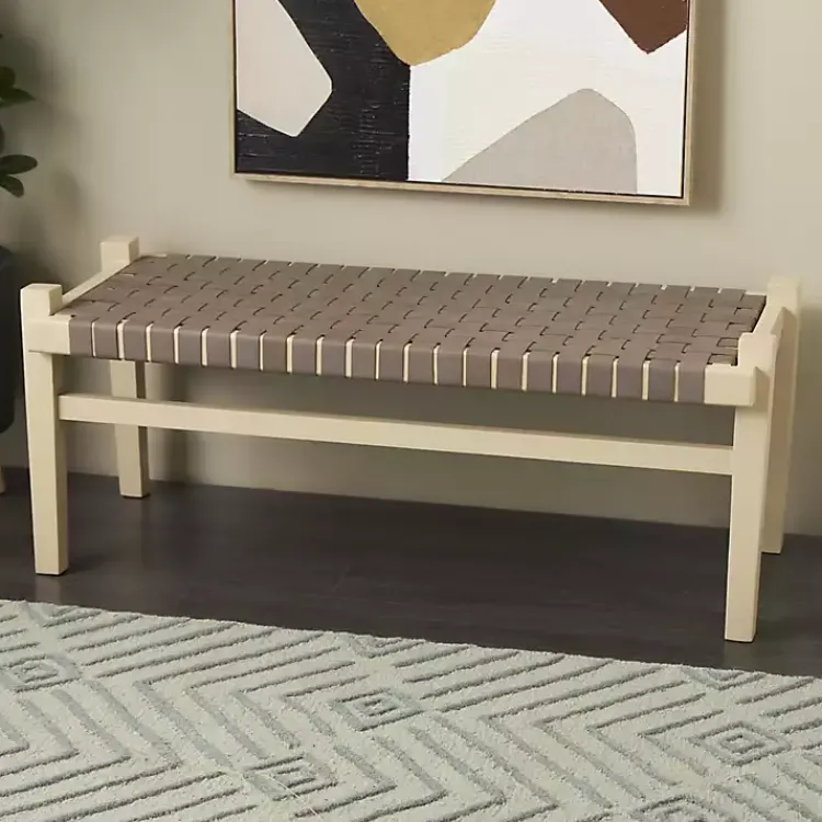Kirklands Home Benches & Ottomans|Woven Leather Natural Wood Bench Brown
