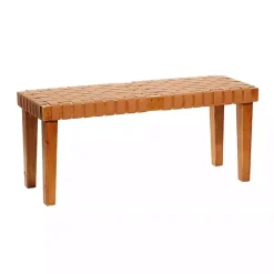 Kirklands Home Benches & Ottomans|Woven Leather Textured Wood Bench Brown