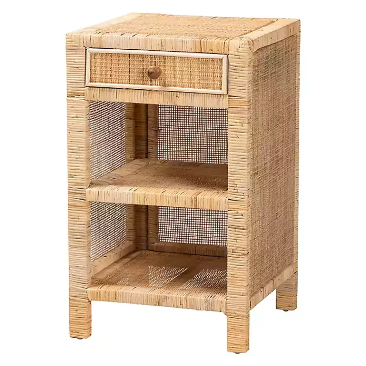 Kirklands Home Nightstands|Woven Rat and Mahogany Wood Nightsd Tan
